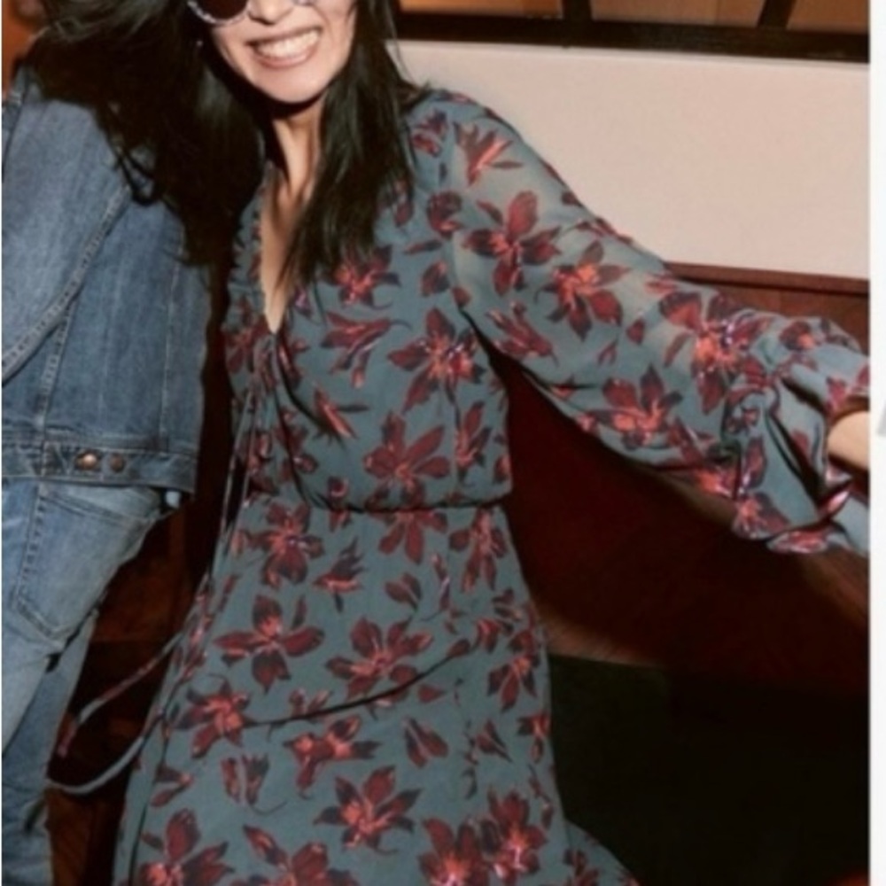 Madewell Teal Long-Sleeve Floral Tie-Front Dress with Red Flowers